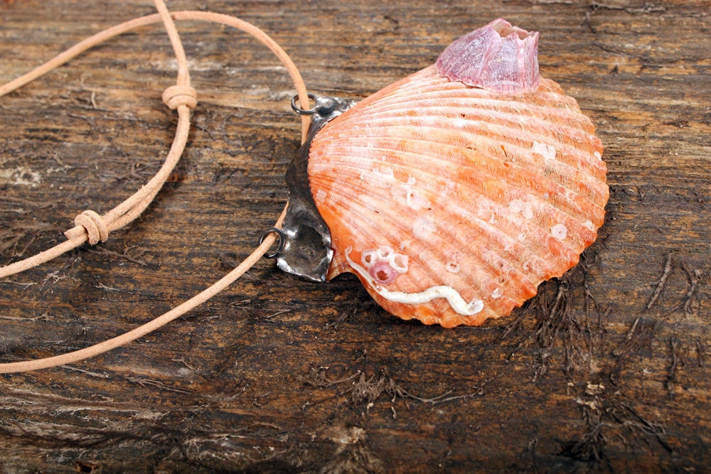 Shell Necklace Mermaid  - Bohemian Jewelry large chunky orange beach shell purple barnacle Pendant Strange Pirate Treasures unique OOAK
