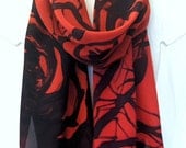 Hand painted silk scarf. Red silk scarf. Floral Scarf. Lady Scarlet Red Roses. Silk Scarves Takuyo. Silk Dye. 13x69 in. Made to Order.