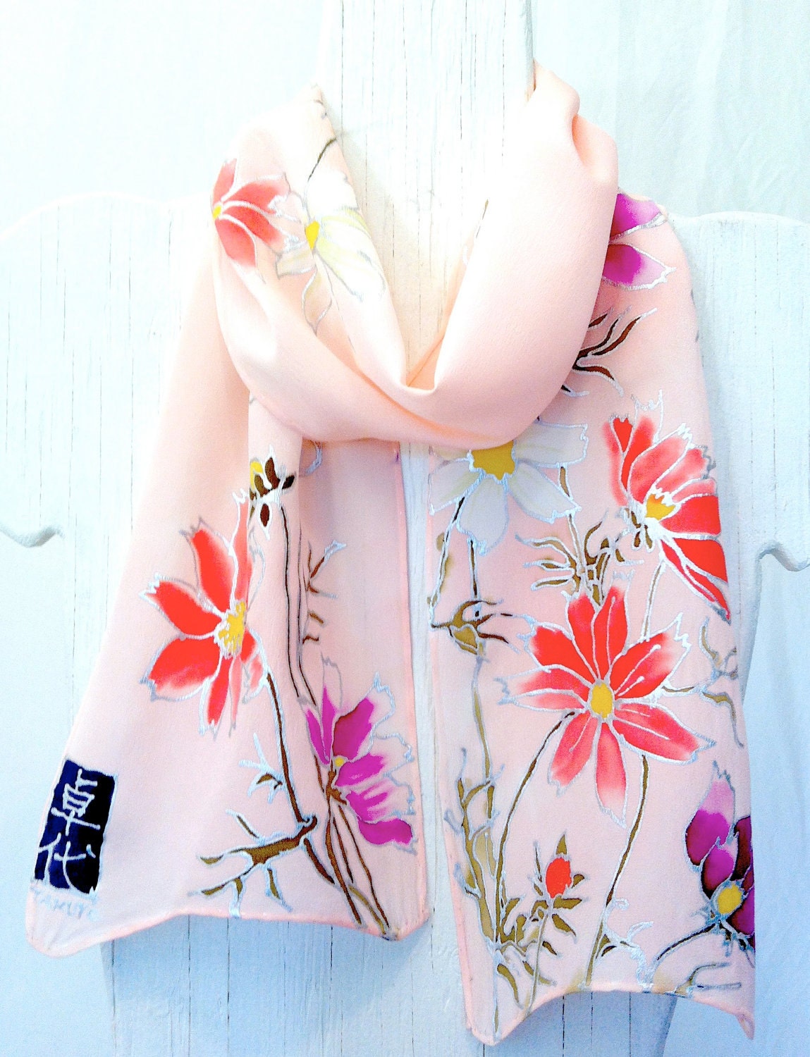 Hand Painted Silk Scarf, Spring Cosmos Pink Floral Scarf. Pastel Fashion. Spring Fashion. 8x54 in. Made to Order.