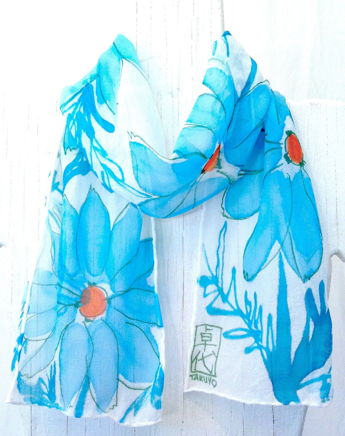 Hand Painted Silk Scarf Blue Silk Scarf, Turquoise Cosmos Floral Scarf. Silk Chiffon Scarf. Floral Silk Scarf. 7x50 in. Made to order.