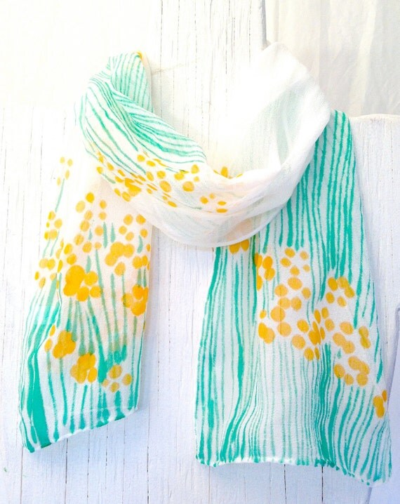 Hand Painted Silk Scarf Floral, Petite Pastel Golden Yellow Sumi Wildflowers Scarf. Silk Chiffon Scarf. Multicolor. 7x50 in.