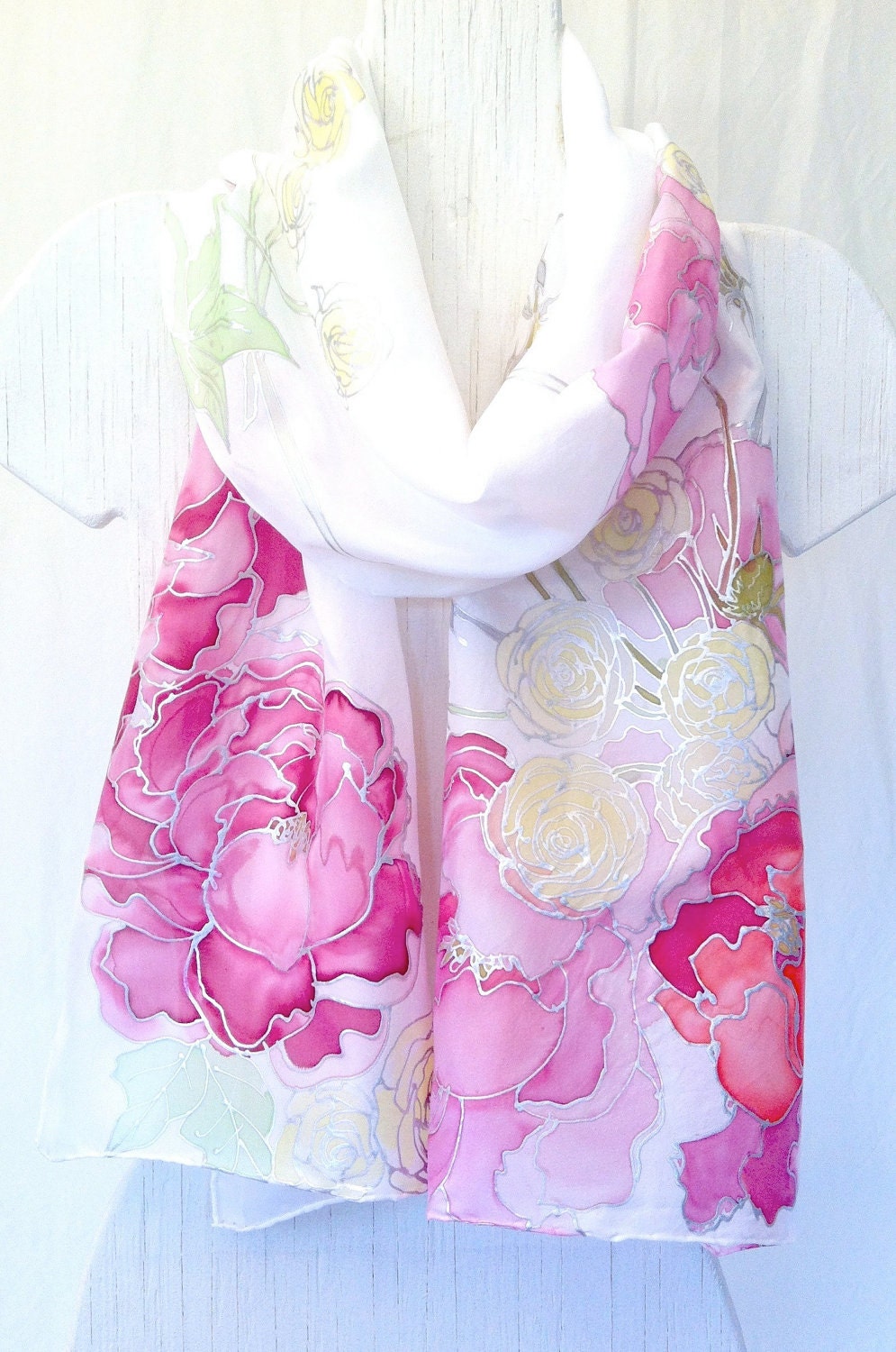 Reserved for Monica. Hand Painted Silk Scarf. Pink Spring Bouquet Silk Scarf. 11x60