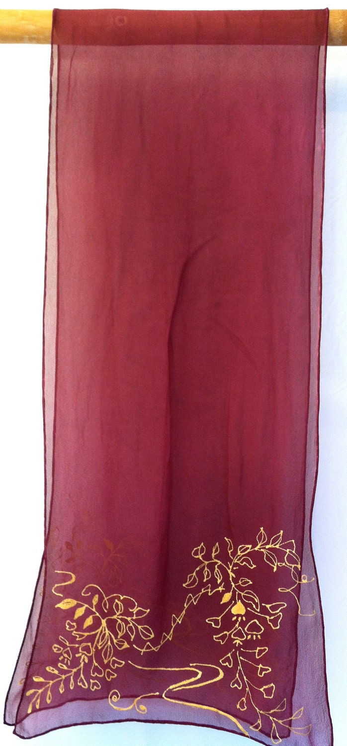 Red Silk Scarf. Hand Painted Silk Scarf. Silk Chiffon Scarf. Japanese Floral Scarf. Merlot Red Wisteria. Made to Order. 13x69 in.