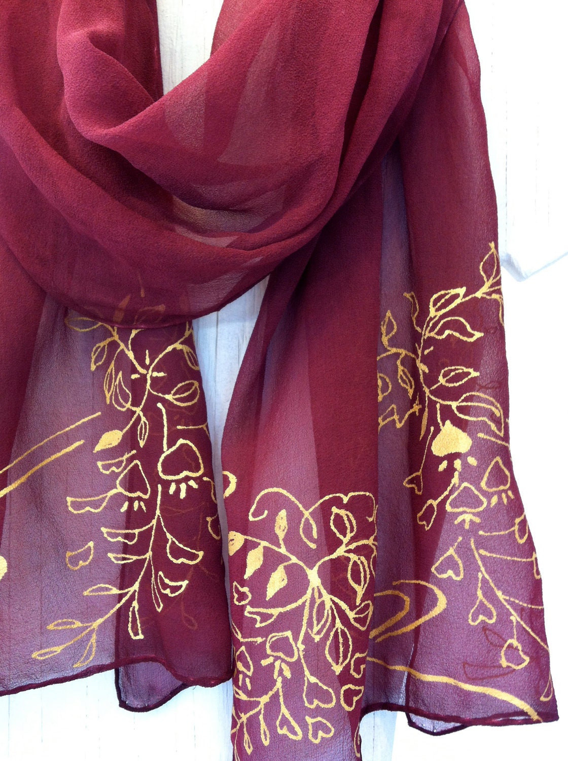 Red Silk Scarf. Hand Painted Silk Scarf. Silk Chiffon Scarf. Japanese Floral Scarf. Merlot Red Wisteria. Made to Order. 13x69 in.