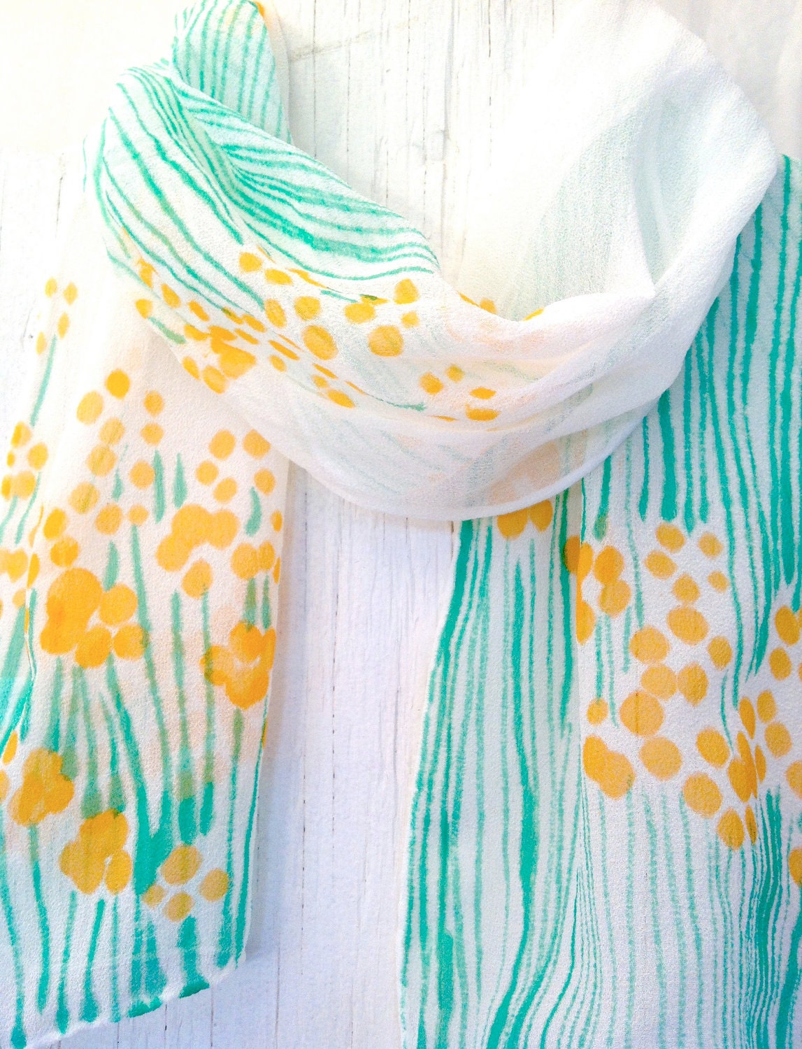 Hand Painted Silk Scarf Floral, Petite Pastel Golden Yellow Sumi Wildflowers Scarf. Silk Chiffon Scarf. Multicolor. 7x50 in.