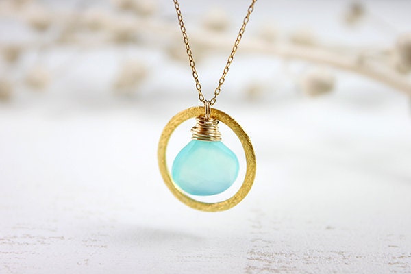 Aqua Chalcedony Necklace gold vermeil circle and blue gemstone setting 14 karat gold filled jewelry by petitor