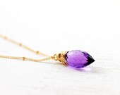 Amethyst Gold Necklace - wire wrapped fine royal purple gemstone on 14k gold filled beaded satellite chain jewelry by petitor