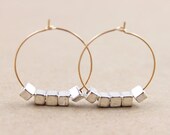 Bead Hoops Earrings - simple industrial silver cubes modern everyday jewelry by petitor