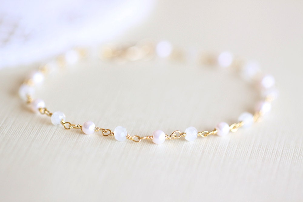 Moonstone Pearl Bracelet - white and ivory moonstone and freshwater pearl gold wire wrapped