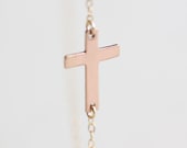 Side Cross Necklace - rose gold sideways cross, simple casual everyday jewelry