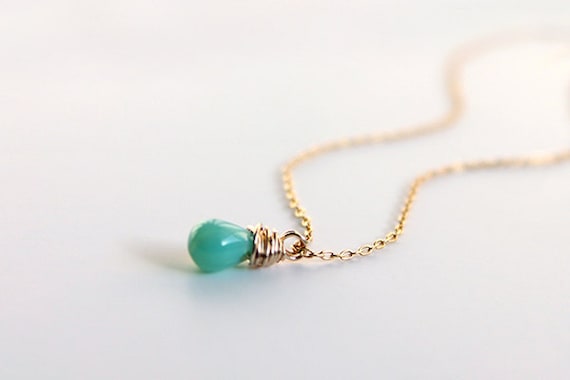 Turquoise Accent Necklace - tiny crystal bead 14 karat gold filled simple everyday jewelry by petitor