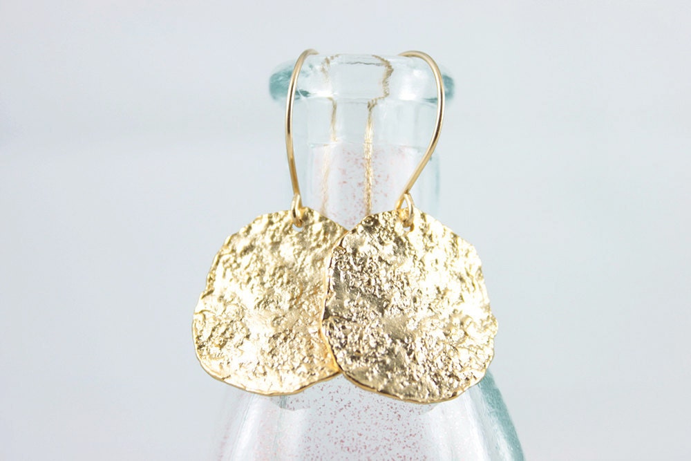 Gold Disc Earrings - textured wavy golden dangles for a simple everyday wear