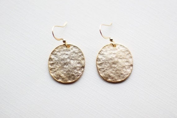 Hammered Gold Circle Earrings - minimalist vermeil flat gold medium size circle jewelry