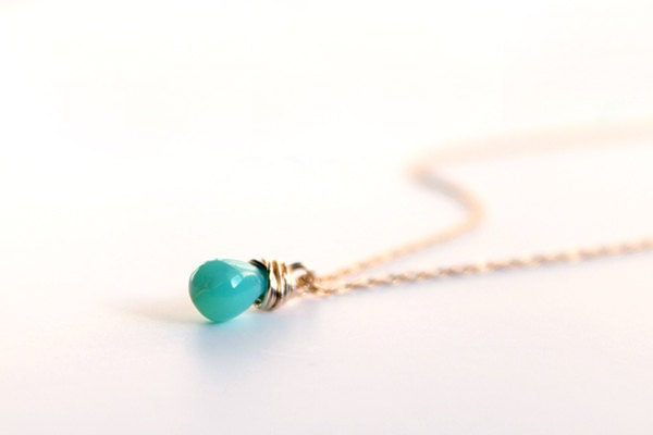 Turquoise Accent Necklace - tiny crystal bead 14 karat gold filled simple everyday jewelry by petitor