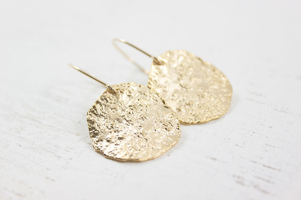 Gold Disc Earrings - textured wavy golden dangles for a simple everyday wear