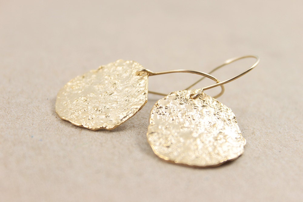 Gold Disc Earrings - textured wavy golden dangles for a simple everyday wear