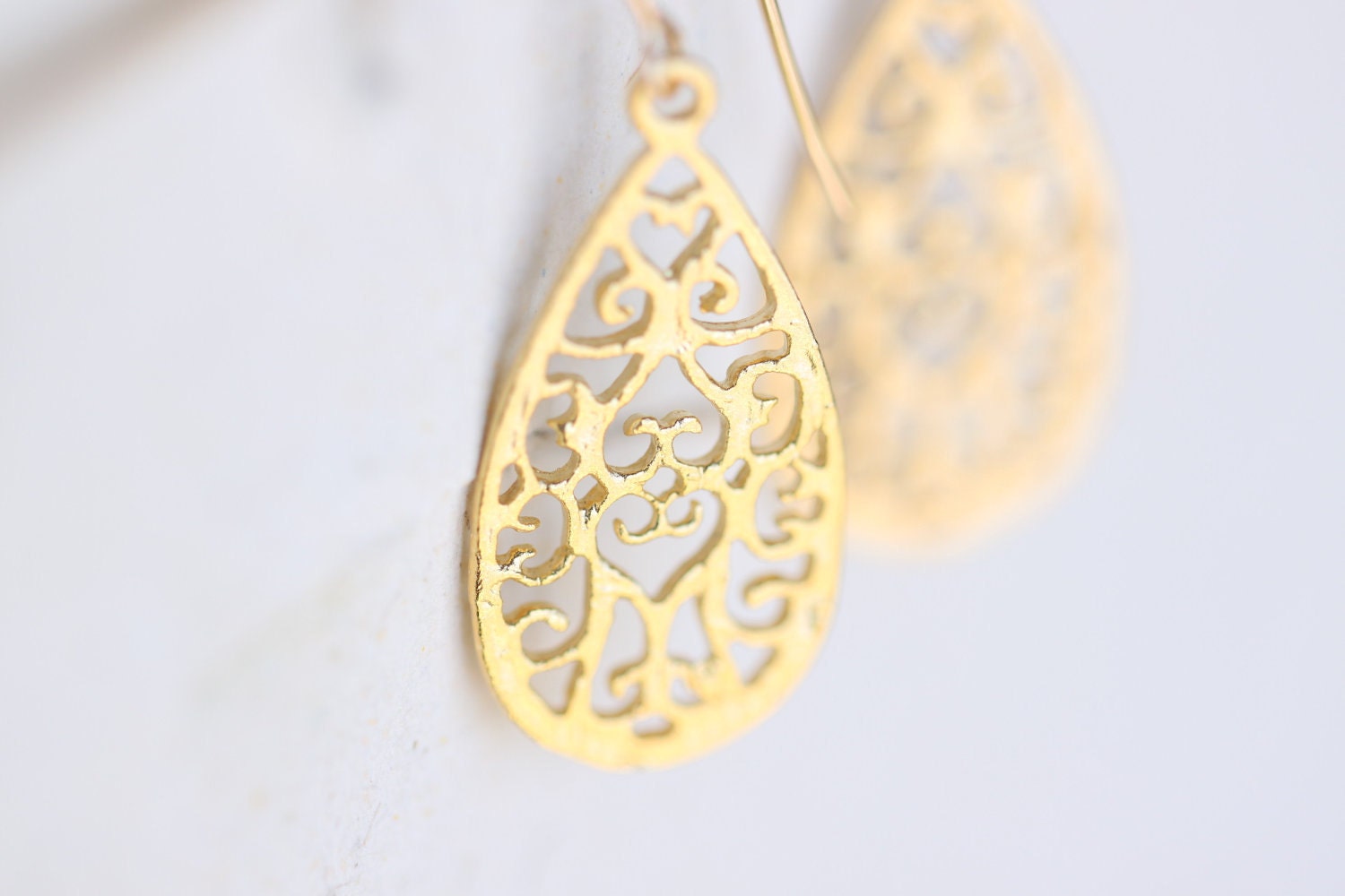 Small Gold Teardrop Earrings - simple vermeil tear drop filigree, golden flower petal jewelry