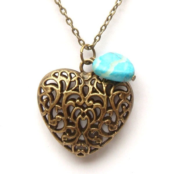 Antiqued Brass Heart Green Turquoise Necklace