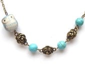 Antiqued Brass Flower Turquoise Porcelain Owl Necklace
