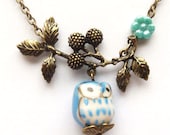 Antiqued Brass Branch Czech Glass Flower  Porcelain Owl  Necklace