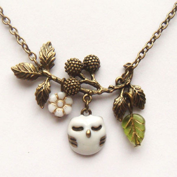 Antiqued Brass Branch White Czech Glass Flower  Owl Necklace