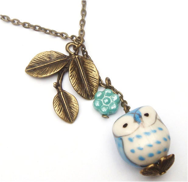 Antiqued Brass Leaf Blue Czech Glass Flower Porcelain Owl Necklace