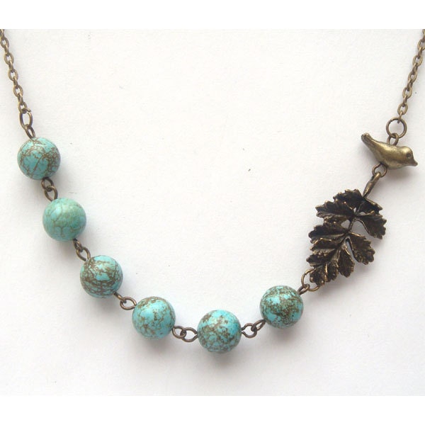 Antiqued Brass Leaf Bird Green Turquoise Necklace