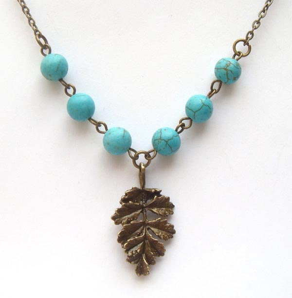 Antiqued Brass Leaf Green Turquoise Necklace
