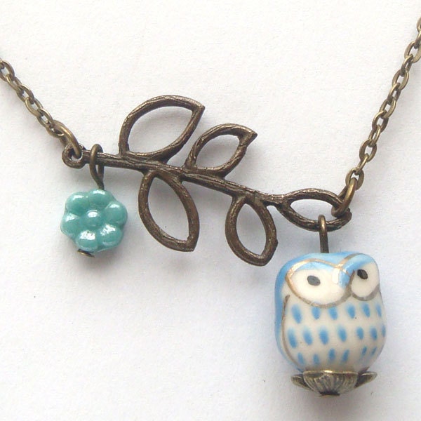 Antiqued Brass Leaf Czech Glass Porcelain Owl Necklace