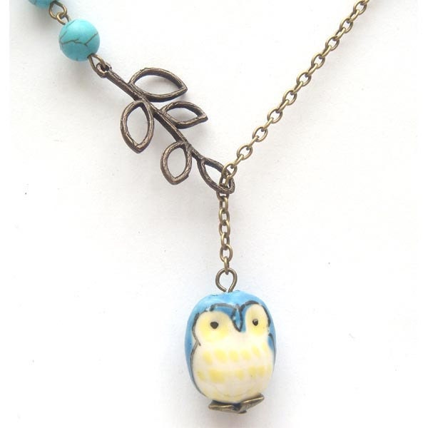 Antiqued Brass Leaf Turquoise Porcelain Owl Necklace