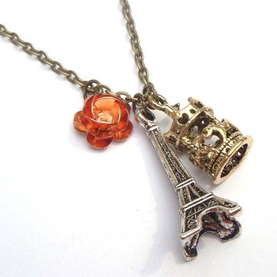 Antiqued Brass Eiffel Tower Carrousel Flower Necklace