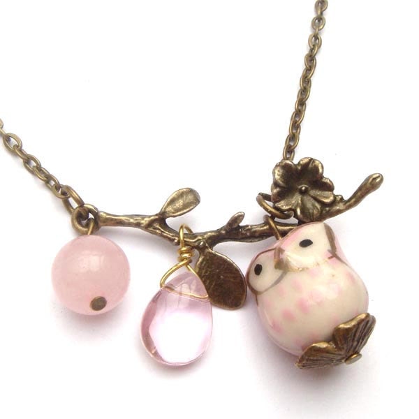 Antiqued Brass Leaf  Quartz Pink Jade Porcelain Owl Necklace