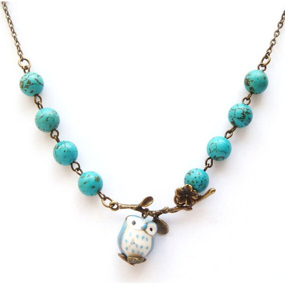 Antiqued Brass Leaf  Turquoise  Porcelain Owl Necklace