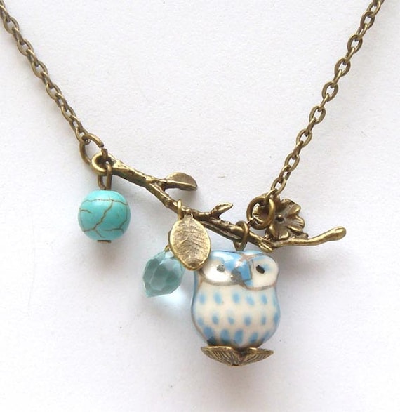 Antiqued Brass Leaf Green Turquoise Quartz Porcelain Owl Necklace