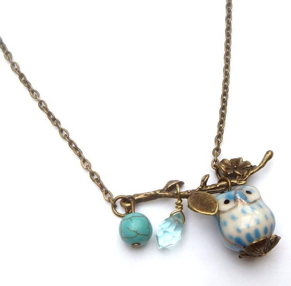 Antiqued Brass Leaf  Turquoise Quartz  Porcelain Owl Necklace