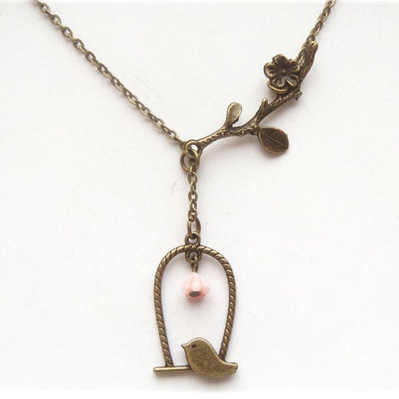 Antiqued Brass Branch  Bird Necklace