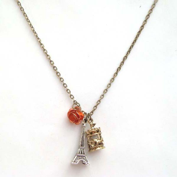 Antiqued Brass Eiffel Tower Carrousel Flower Necklace