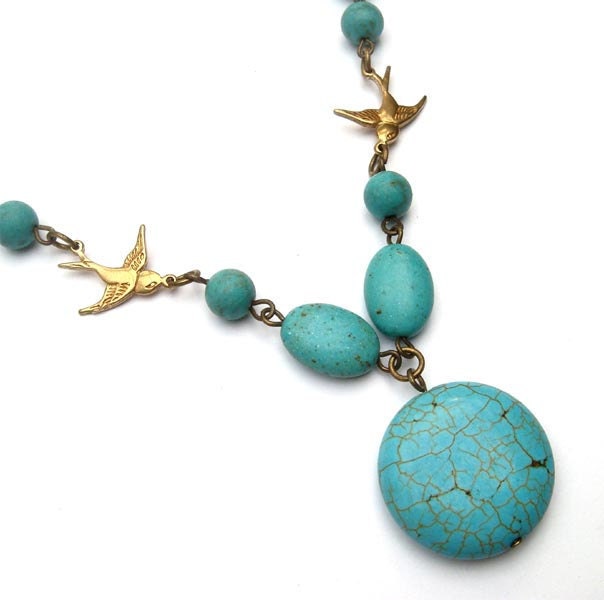 Antiqued Brass Bird Green Turquoise Necklace