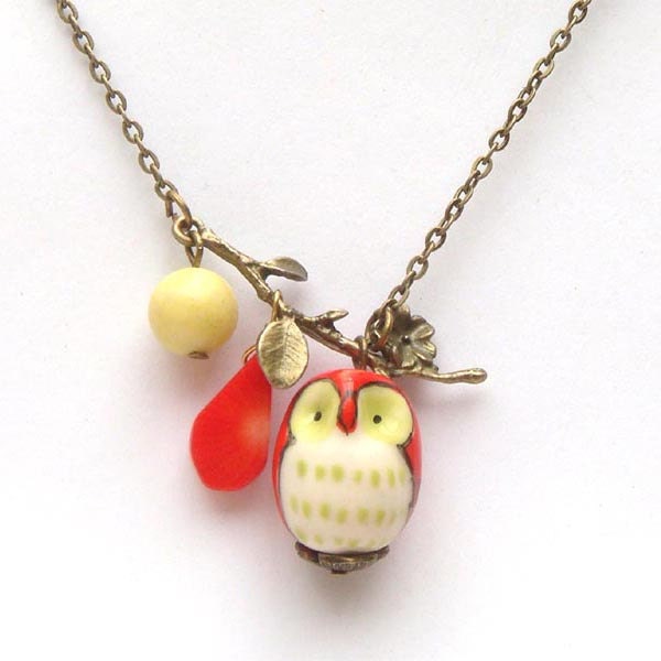 Antiqued Brass Leaf  Coral Butter Jade Porcelain Owl Necklace