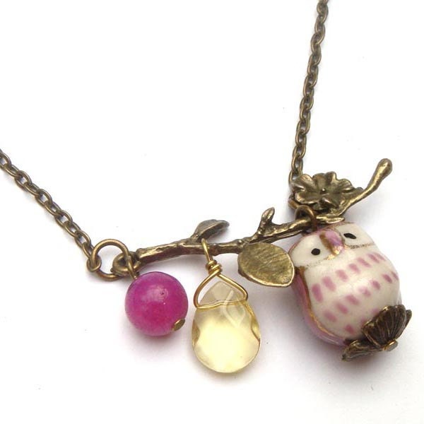 Antiqued Brass Leaf  Quartz Jade Purple Porcelain Owl Necklace