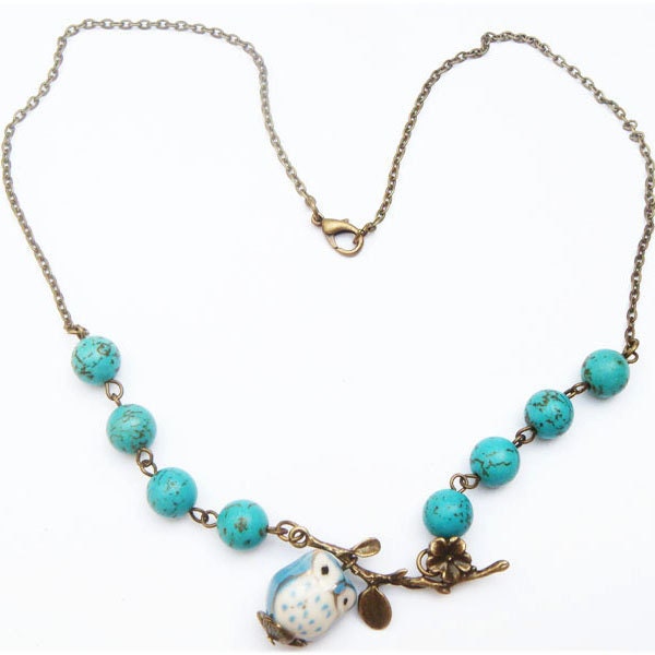 Antiqued Brass Leaf  Turquoise  Porcelain Owl Necklace