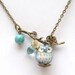 Antiqued Brass Leaf Green Turquoise Quartz Porcelain Owl Necklace