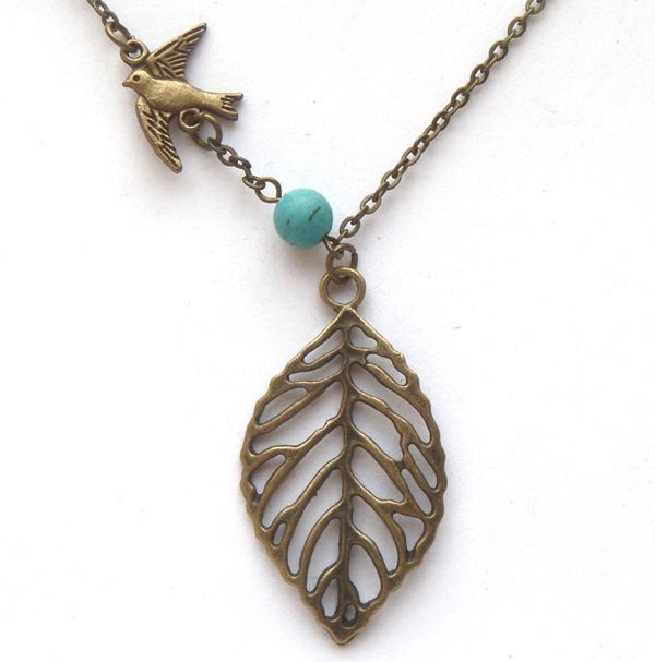 Antiqued Brass Leaf Turquoise Bird Necklace