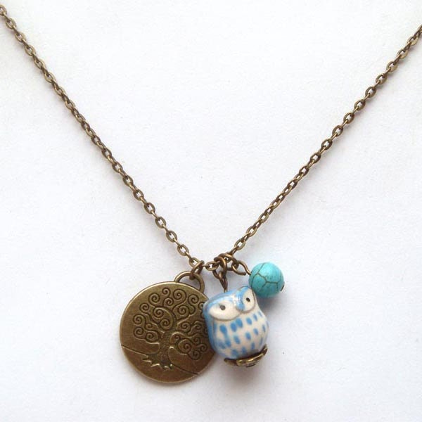 Antiqued Brass Tree Turquoise Porcelain Owl Necklace