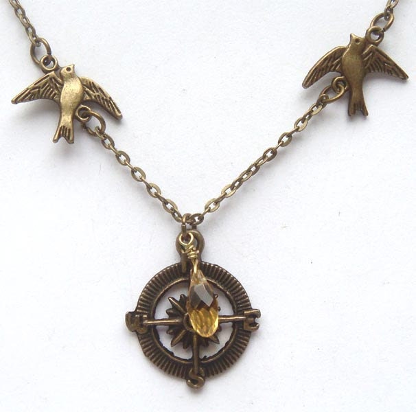 Antiqued Brass Bird Compass Quartz Necklace