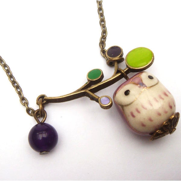 Antiqued Brass Leaf  Jade Porcelain Owl Necklace
