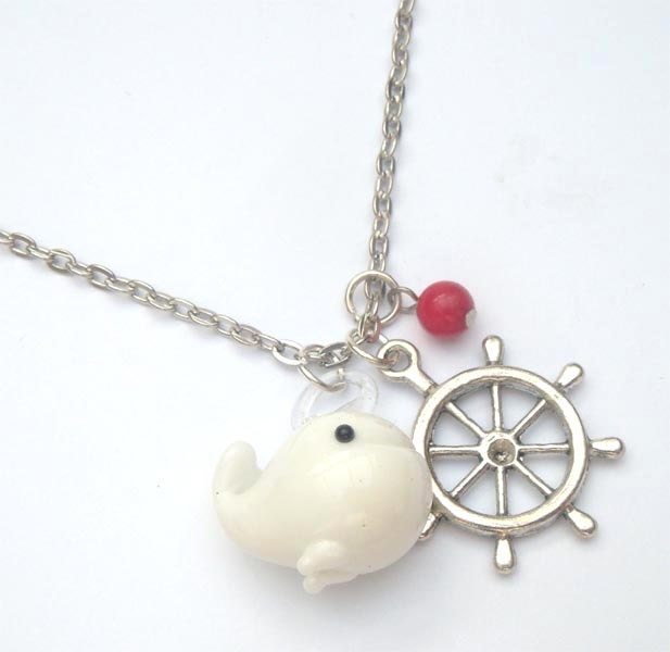 Silver Plated Brass Helm  Red Coral Porcelain Whale  Necklace