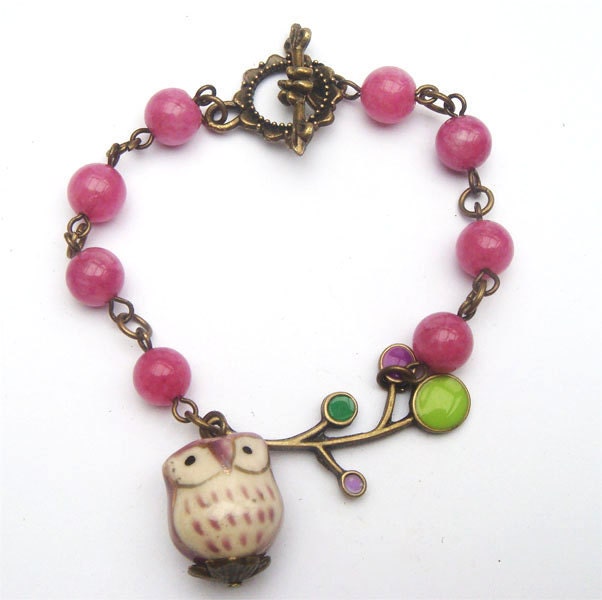 Antiqued Brass Branch Porcelain Owl  Jade Bracelet