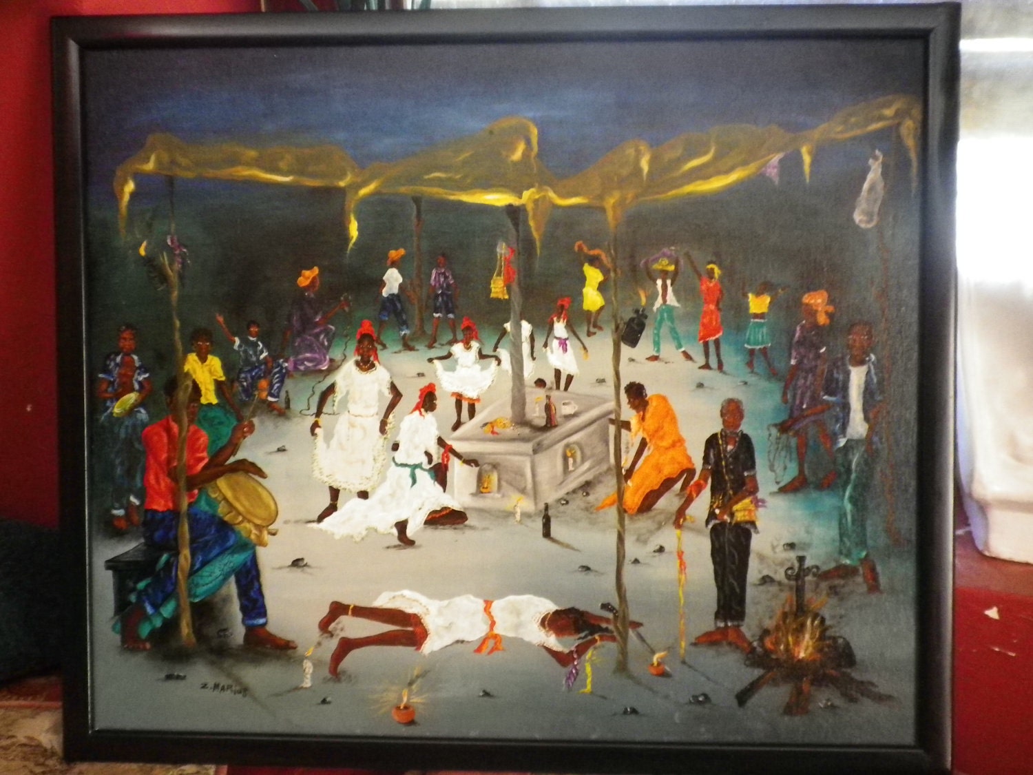 Original Oil painting Art Vintage Signed Voodoo Scene