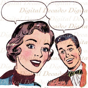Vintage Art Illustration - Digital Image - Retro Cartoon Comic Couple Man Woman Talk Balloons